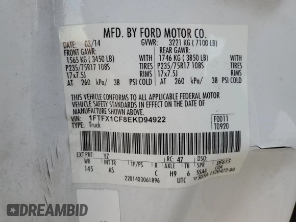 2014 Ford F-150 XL with VIN 1FTFX1CF8EKD94922, listed as a Copart auction lot 48542135 with 237,694 mi miles and Clean Title. Bid and sale history available at carsss.com. Image 12.