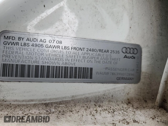 2009 Audi A4 Prestige with VIN WAUMF78K39N012896, listed as a Copart auction lot 82490104 with 105,474 mi miles and Clean title. Bid and sale history available at DreamBid. Image 12.