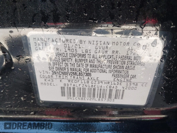 2021 Nissan Versa SV with VIN 3N1CN8EV2ML857305, listed as a IAAI auction lot 42504292 with 101,466 mi miles and . Bid and sale history available at DreamBid. Image 9.