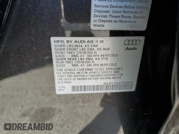 2007 Audi Q7 Premium Plus with VIN WA1EY74L57D065595, listed as a Copart auction lot 62612355 with 155,980 mi miles and Salvage title. Bid and sale history available at DreamBid. Image 13.