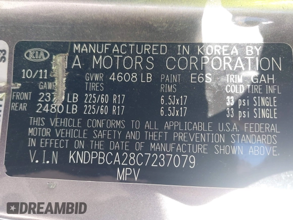 2012 Kia Sportage LX with VIN KNDPBCA28C7237079, listed as a IAAI auction lot 42663554 with 245,420 mi miles and . Bid and sale history available at DreamBid. Image 9.