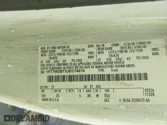 2018 Ford F-250 XL с VIN 1FT7W2BT5JEC74010, выставлен на аукционе IAAI как лот 42251090 с пробегом Не указан миль и . История ставок и продаж доступна на DreamBid. Изображение 9.