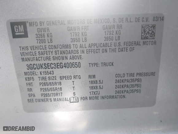 2014 Chevrolet Silverado 1500 LTZ with VIN 3GCUKSEC3EG400650, listed as a IAAI auction lot 41596087 with 127,240 mi miles. Bid and sale history available at carsss.com. Image 9.