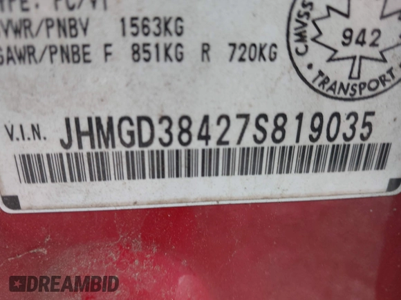 2007 Honda Fit с VIN JHMGD38427S819035, выставлен на аукционе IAAI как лот 42535842 с пробегом 343 103 миль миль и . История ставок и продаж доступна на DreamBid. Изображение 9.