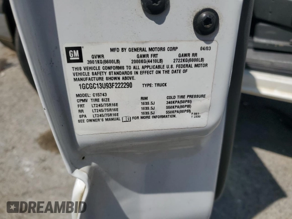 2003 Chevrolet Silverado 1500HD LS z VIN 1GCGC13U93F222290, wystawiony jako Copart lot #52921565 z przebiegiem Nie podano mil oraz Szkoda całkowita • Salvage title. Historia ofert i sprzedaży dostępna na DreamBid. Obrazek 13.