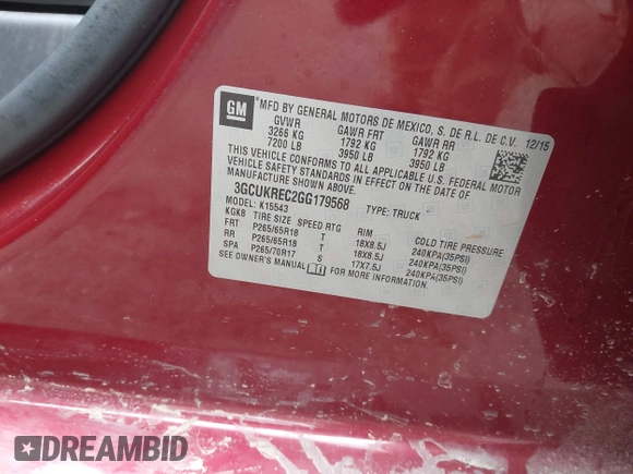 2016 Chevrolet Silverado 1500 LT with VIN 3GCUKREC2GG179568, listed as a IAAI auction lot 41953182 with 204,152 mi miles and . Bid and sale history available at DreamBid. Image 9.