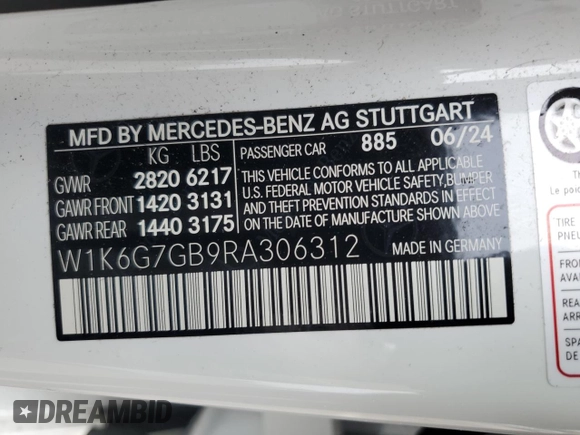2024 Mercedes-Benz S 580 с VIN W1K6G7GB9RA306312, выставлен на аукционе Copart как лот 55761695 с пробегом 5 461 миль миль и Списание • Salvage title. История ставок и продаж доступна на DreamBid. Изображение 13.