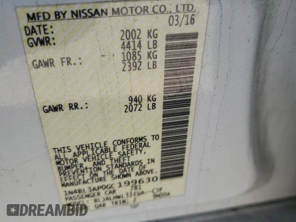 2016 Nissan Altima SL with VIN 1N4BL3AP0GC199630, listed as a Copart auction lot 53945825 with 46,887 mi miles and Salvage title. Bid and sale history available at DreamBid. Image 12.