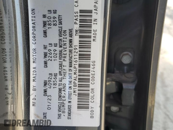 2023 Mazda 3 S Preferred with VIN JM1BPALM4P1611291, listed as a Copart auction lot 53736455 with 45,658 mi miles and Salvage Title. Bid and sale history available at DreamBid. Image 12.