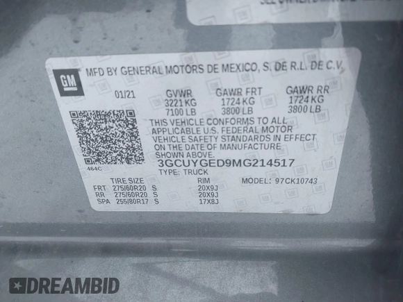 2021 Chevrolet Silverado 1500 LTZ with VIN 3GCUYGED9MG214517, listed as a IAAI auction lot 41296617 with 31,026 mi miles and . Bid and sale history available at DreamBid. Image 9.