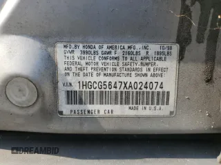 1999 Honda Accord LX z VIN 1HGCG5647XA024074, wystawiony jako Copart lot #56057575 z przebiegiem Nie podano mil oraz Szkoda całkowita • Salvage title. Historia ofert i sprzedaży dostępna na DreamBid. Obrazek 13.