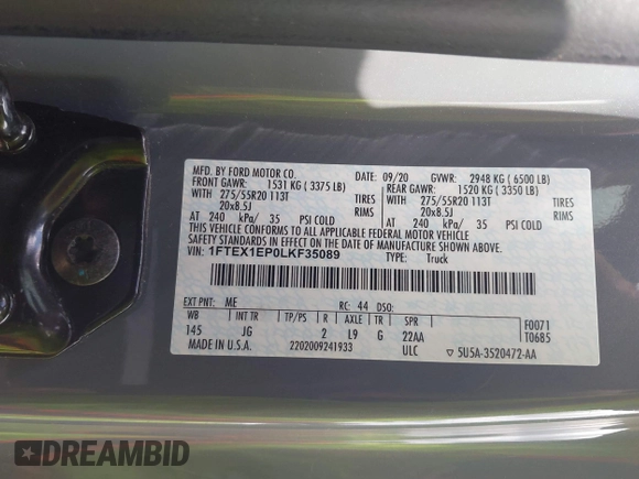 2020 Ford F-150 XL z VIN 1FTEX1EP0LKF35089, wystawiony jako IAAI lot #42657401 z przebiegiem 65 347 mil mil oraz . Historia ofert i sprzedaży dostępna na DreamBid. Obrazek 9.