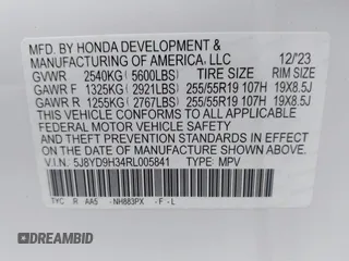 2024 Acura MDX with VIN 5J8YD9H34RL005841, listed as a IAAI auction lot 42474191 with 6,156 mi miles and . Bid and sale history available at DreamBid. Image 9.
