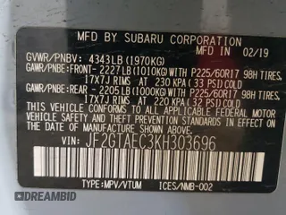 2019 Subaru Crosstrek Premium z VIN JF2GTAEC3KH303696, wystawiony jako Copart lot #59747415 z przebiegiem 84 117 mil mil oraz Szkoda całkowita • Salvage title. Historia ofert i sprzedaży dostępna na DreamBid. Obrazek 13.
