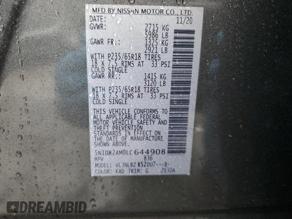 2020 Nissan Pathfinder S with VIN 5N1DR2AM0LC644908, listed as a Copart auction lot 56165085 with 48,331 mi miles and Salvage title. Bid and sale history available at DreamBid. Image 13.