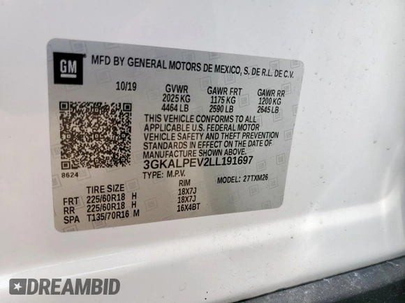 2020 GMC Terrain SLT with VIN 3GKALPEV2LL191697, listed as a Copart auction lot 58953275 with 88,034 mi miles and Salvage title. Bid and sale history available at DreamBid. Image 13.