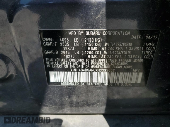 2017 Subaru Outback Limited z VIN 4S4BSANCXH3393653, wystawiony jako Copart lot #59050725 z przebiegiem 114 310 mil mil oraz Szkoda całkowita • Salvage title. Historia ofert i sprzedaży dostępna na DreamBid. Obrazek 13.