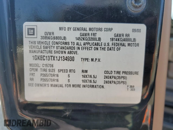 2001 GMC Yukon SLT z VIN 1GKEC13TX1J134930, wystawiony jako Copart lot #56724775 z przebiegiem 226 576 mil mil oraz Szkoda całkowita • Salvage title. Historia ofert i sprzedaży dostępna na DreamBid. Obrazek 13.