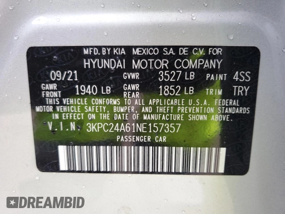 2022 Hyundai Accent SEL with VIN 3KPC24A61NE157357, listed as a Copart auction lot 72970402 with 9,604 mi miles. Bid and sale history available at carsss.com. Image 14.