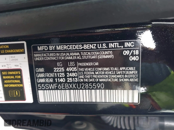 2019 Mercedes-Benz C 43 AMG with VIN 55SWF6EBXKU285590, listed as a IAAI auction lot 41066933 with 69,501 mi miles and . Bid and sale history available at DreamBid. Image 9.