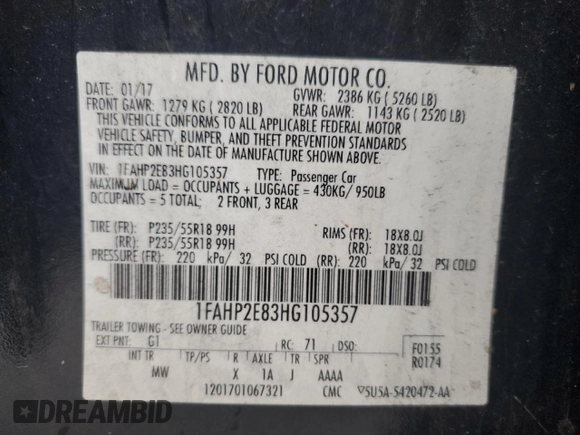 2017 Ford Taurus SEL with VIN 1FAHP2E83HG105357, listed as a Copart auction lot 49585805 with 181,312 mi miles and Salvage Title. Bid and sale history available at DreamBid. Image 13.