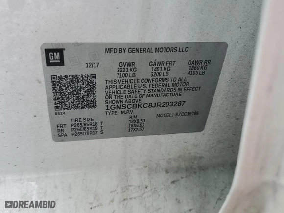 2018 Chevrolet Tahoe LT with VIN 1GNSCBKC8JR203287, listed as a Copart auction lot 42825315 with 0 mi miles and Salvage Title. Bid and sale history available at carsss.com. Image 14.