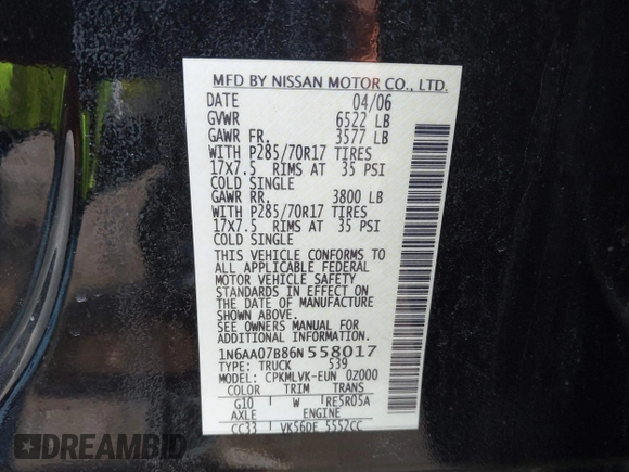 2006 Nissan Titan LE z VIN 1N6AA07B86N558017, wystawiony jako IAAI lot #42179803 z przebiegiem 185 367 mil mil oraz . Historia ofert i sprzedaży dostępna na DreamBid. Obrazek 9.