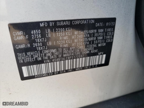2023 Subaru Outback Onyx Edition with VIN 4S4BTALC8P3172597, listed as a Copart auction lot 41871895 with 46,411 mi miles and Salvage Title. Bid and sale history available at carsss.com. Image 14.