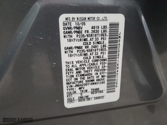 2006 Nissan Murano S with VIN JN8AZ08T16W401298, listed as a Copart auction lot 75634574 with 36,606 mi miles and Salvage Title. Bid and sale history available at carsss.com. Image 13.