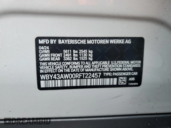 2024 BMW i4 eDrive35 z VIN WBY43AW00RFT22457, wystawiony jako Copart lot #53167205 z przebiegiem 3329 mil mil oraz Szkody całkowita. Historia ofert i sprzedaży dostępna na DreamBid. Obrazek 12.