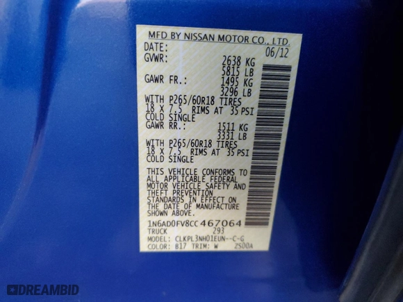 2012 Nissan Frontier SV with VIN 1N6AD0FV8CC467064, listed as a Copart auction lot 84077784 with 171,601 mi miles and Salvage Title. Bid and sale history available at carsss.com. Image 14.