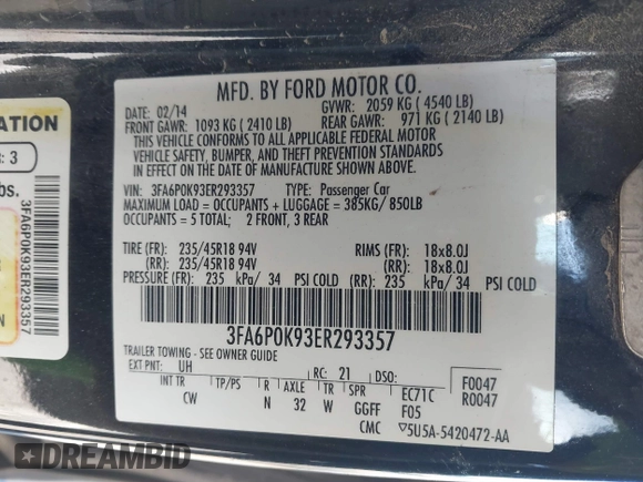 2014 Ford Fusion Titanium with VIN 3FA6P0K93ER293357, listed as a IAAI auction lot 41354955 with 176,130 mi miles. Bid and sale history available at carsss.com. Image 9.