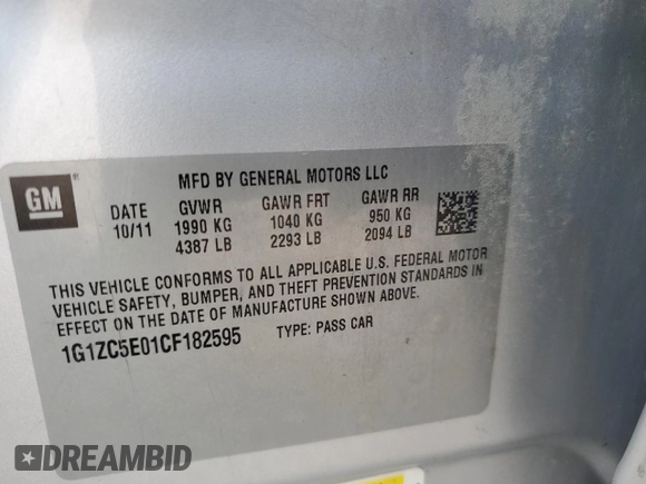 2012 Chevrolet Malibu 1LT with VIN 1G1ZC5E01CF182595, listed as a Copart auction lot 55271283 with Not Provided miles and Salvage Title. Bid and sale history available at DreamBid. Image 13.