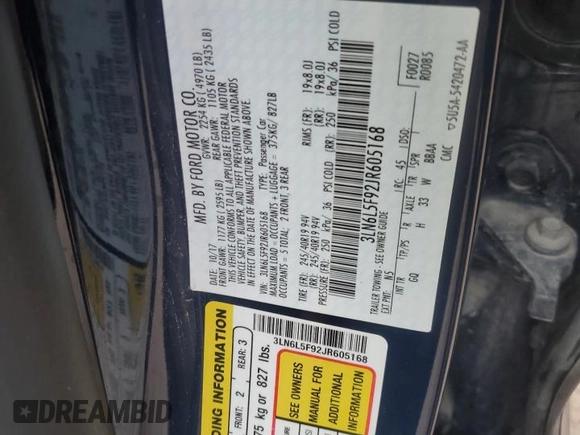 2018 Lincoln MKZ Reserve with VIN 3LN6L5F92JR605168, listed as a Copart auction lot 85297724 with 542,685 mi miles and Salvage Title. Bid and sale history available at DreamBid. Image 12.