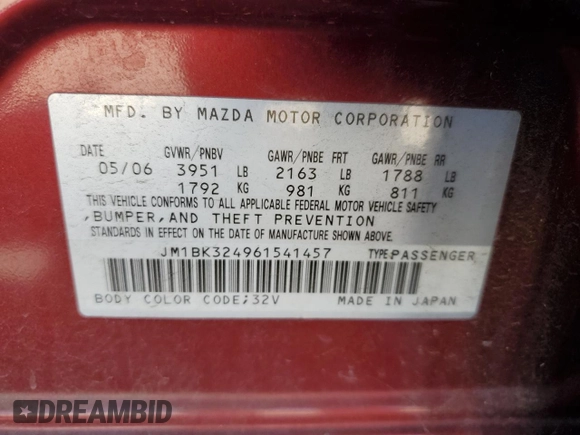2006 Mazda 3 s with VIN JM1BK324961541457, listed as a Copart auction lot 85346394 with 136,175 mi miles and Salvage Title. Bid and sale history available at DreamBid. Image 12.