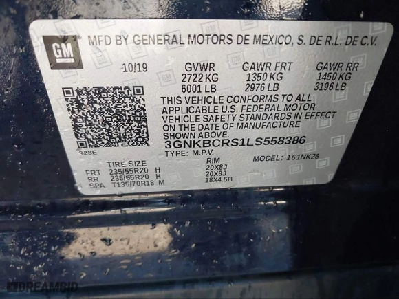 2020 Chevrolet Blazer LT with VIN 3GNKBCRS1LS558386, listed as a IAAI auction lot 41840887 with 156,355 mi miles. Bid and sale history available at carsss.com. Image 9.