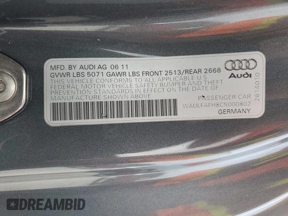 2012 Audi A5 Premium Plus with VIN WAULFAFH8CN000802, listed as a Copart auction lot 45727785 with Not provided miles and Salvage title. Bid and sale history available at DreamBid. Image 12.