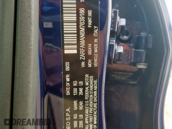 2021 Alfa Romeo Giulia with VIN ZARFAMAN6M7639186, listed as a Copart auction lot 58371745 with 46,162 mi miles and Salvage title. Bid and sale history available at DreamBid. Image 12.