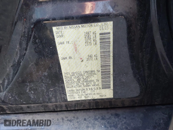 2013 Nissan Altima SV with VIN 1N4BL3AP1DN536533, listed as a IAAI auction lot 41749463 with 110,261 mi miles and . Bid and sale history available at DreamBid. Image 9.