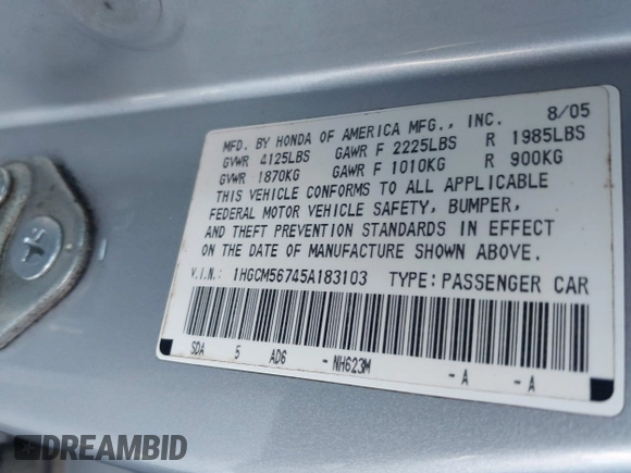 2005 Honda Accord EX with VIN 1HGCM56745A183103, listed as a IAAI auction lot 42065626 with 213,171 mi miles and . Bid and sale history available at DreamBid. Image 9.
