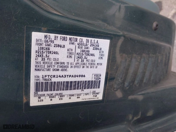 1996 Ford Ranger XL with VIN 1FTCR14A3TPA04986, listed as a IAAI auction lot 41928315 with 228,120 mi miles. Bid and sale history available at carsss.com. Image 9.