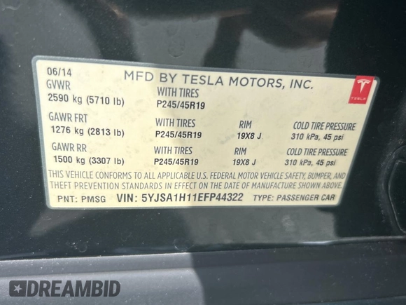 2014 Tesla Model S 60 z VIN 5YJSA1H11EFP44322, wystawiony jako Copart lot #59038135 z przebiegiem 146 015 mil mil oraz Czysty tytuł • Clean title. Historia ofert i sprzedaży dostępna na DreamBid. Obrazek 10.
