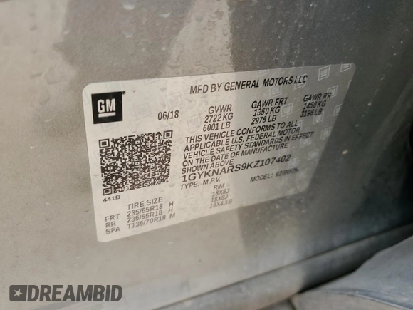 2019 Cadillac XT5 FWD with VIN 1GYKNARS9KZ107402, listed as a Copart auction lot 51352805 with 94,147 mi miles and Clean title. Bid and sale history available at DreamBid. Image 12.