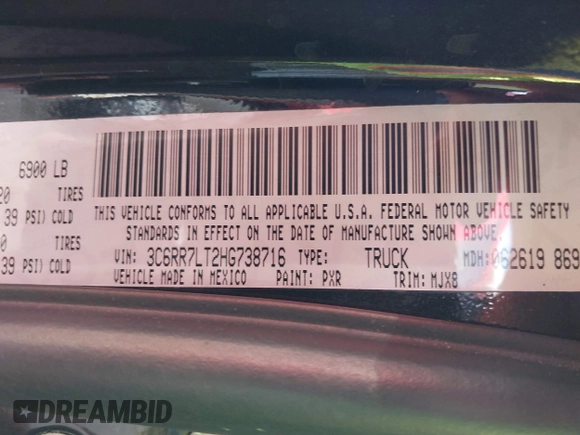 2017 Ram 1500 Big Horn with VIN 3C6RR7LT2HG738716, listed as a IAAI auction lot 42518970 with 54,921 mi miles and . Bid and sale history available at DreamBid. Image 9.