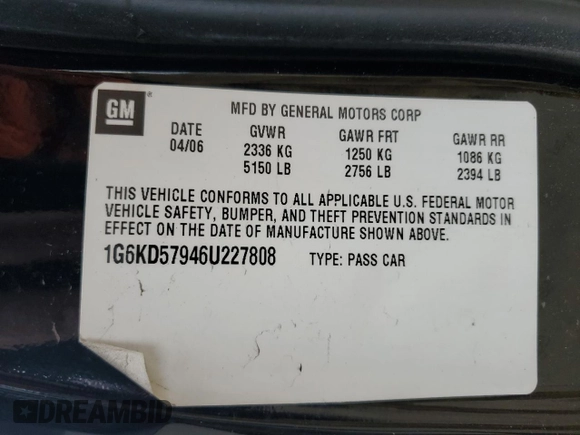 2006 Cadillac DTS 1SE with VIN 1G6KD57946U227808, listed as a Copart auction lot 85158324 with 82,180 mi miles and Salvage Title. Bid and sale history available at DreamBid. Image 12.