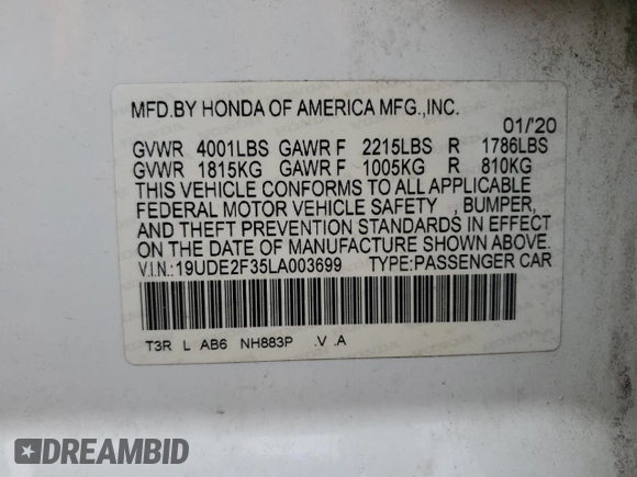 2020 Acura ILX with VIN 19UDE2F35LA003699, listed as a Copart auction lot 54327315 with 107,740 mi miles and Salvage title. Bid and sale history available at DreamBid. Image 12.
