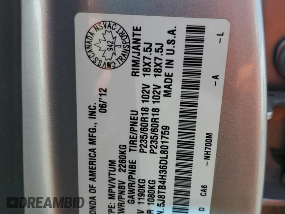 2013 Acura RDX with VIN 5J8TB4H36DL801759, listed as a Copart auction lot 53541295 with 300,160 mi miles and Salvage Title. Bid and sale history available at DreamBid. Image 13.