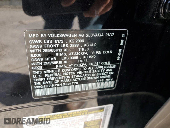 2017 Volkswagen Touareg Sport with VIN WVGEF7BP9HD004779, listed as a Copart auction lot 53530135 with 224,866 mi miles and Clean Title. Bid and sale history available at DreamBid. Image 13.