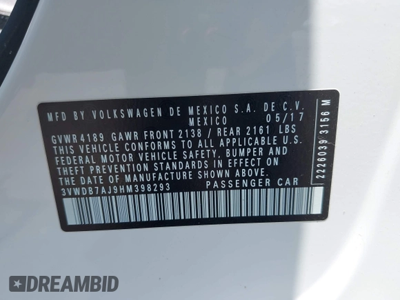 2017 Volkswagen Jetta SE with VIN 3VWDB7AJ9HM398293, listed as a IAAI auction lot 42551194 with 63,100 mi miles and . Bid and sale history available at DreamBid. Image 9.