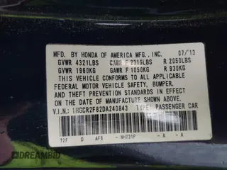 2013 Honda Accord EX-L with VIN 1HGCR2F82DA240843, listed as a IAAI auction lot 41932547 with 119,212 mi miles and . Bid and sale history available at DreamBid. Image 9.
